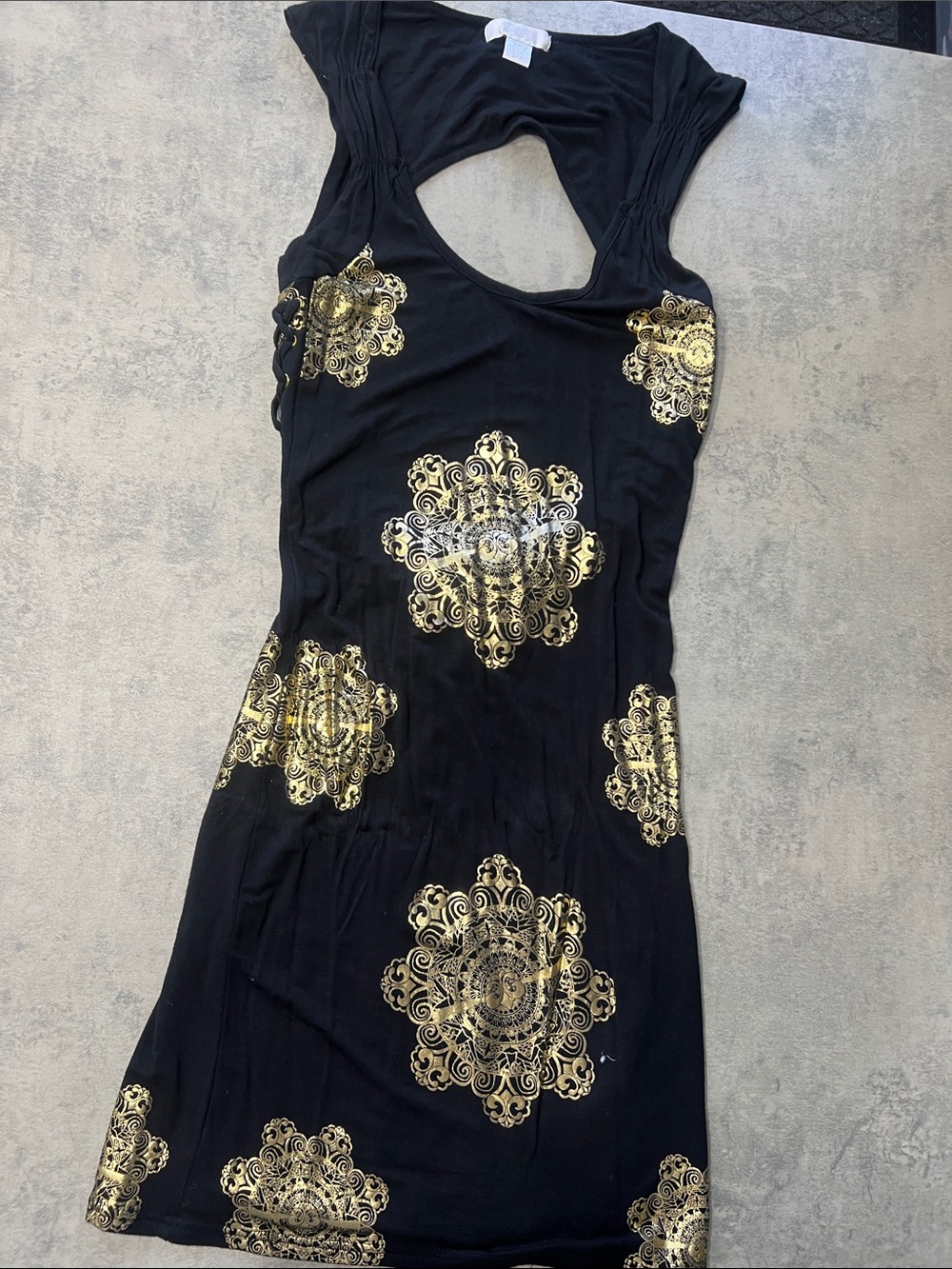 Dereon Black Mini Dress with Gold Medallion Print